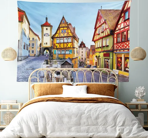 Vista 5 de Ambesonne Tapiz alemán, Rothenburg ob der Tauber Baviera Alemania famosa calle colorida casas clásicas, decoración de tela para colgar en la pared