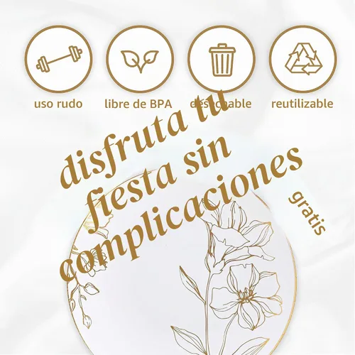 Vista 7 de Plasticpro - Platos de fiesta con diseño floral de plástico blanco con borde dorado, platos desechables pesados, elegantes y de alta calidad