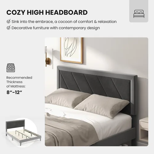Vista 5 de Giantex Base de cama de terciopelo de tamaño matrimonial con cabecero, moderna plataforma tapizada, base de colchón con 12 listones de madera