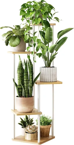 Vista 7 de GENTINGBRO Soporte alto para plantas de interior de 4 niveles para múltiples plantas, soporte de madera para plantas, estante de madera, estantería