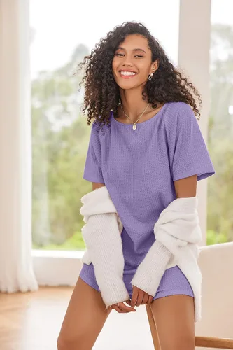 Vista 3 de Ekouaer Camisón de manga corta para mujer, de punto gofre, cómodo, informal, para cubrir
