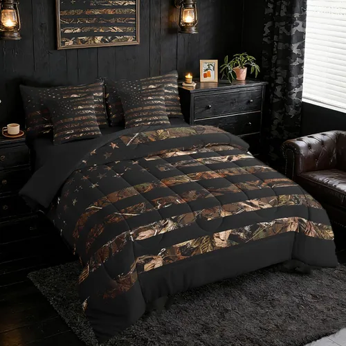 Vista 3 de Feelyou Juego de edredón botancial de camuflaje con bandera estadounidense Negro Marrón Oscuro