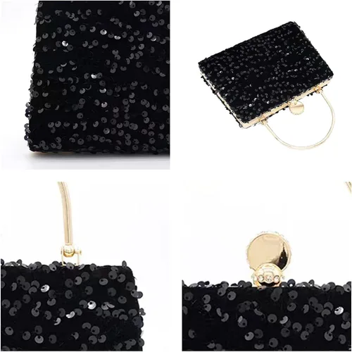 Vista 2 de IAMUHI Pequeño bolso de mano de lentejuelas con asa superior, bolso de noche, mini bolso cruzado cuadrado de hombro