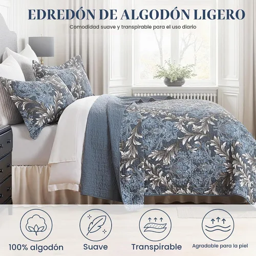 Vista 3 de Juego de edredón 100% algodón tamaño Queen de 3 piezas, edredón floral de damasco con 2 fundas, colcha acolchada floral vintage, ropa de cama ligera