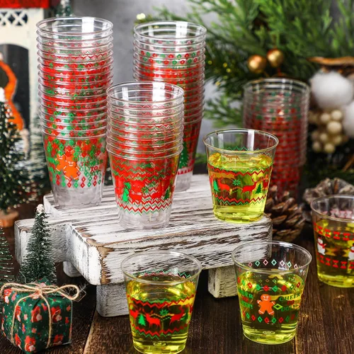 Vista 4 de Funtery 24 Piezas Vasos de Chupito de Plástico con Diseño de Suéter Feo de Navidad 1.7 oz Vasos de Chupito Navideños Mini Desechables a Granel Árbol