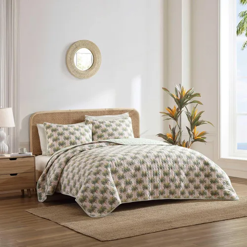 Vista 9 de Tommy Bahama Juego de edredón reversible de algodón con fundas a juego, decoración ligera del hogar para todas las estaciones, Queen, verde/azul
