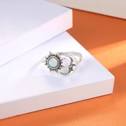 Vista 2 de Anillo de ópalo con sol y luna ajustable, plata de ley 925, con cara de luna creciente, regalo de joyería vintage para mujer
