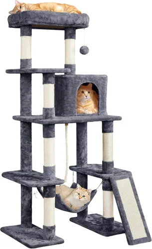 Vista 9 de Yaheetech - Torre de árbol para gatos grandes, condominio de varios niveles y hamaca de 54 pulgadas Beige