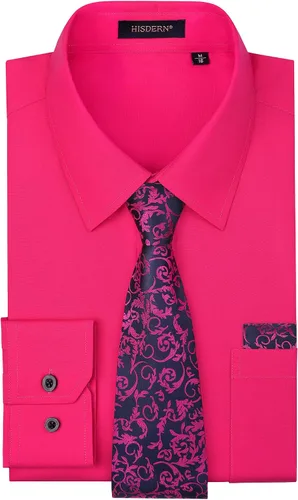 Vista 34 de HISDERN Mens Dress Shirt with Tie Pocket Square Set Classic Button Down Shirt Matching Tie Long Sleeve Shirts 08-verde