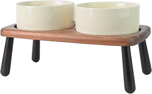 Vista 14 de SPUNKYJUNKY Cuencos elevados de cerámica para perros con soporte de bambú de acacia, juego de cuencos de agua y comida para perros y gatos de 6.1