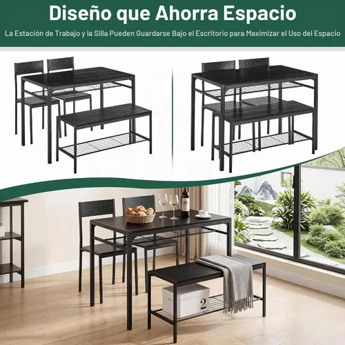 Vista 5 de VECELO Mesa de comedor de cocina con 2 sillas y banco, diseño compacto que ahorra espacio, marco de acero de fácil montaje, perfecta