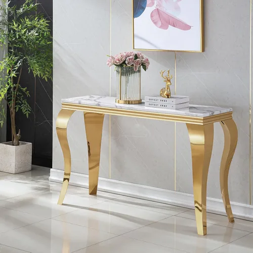 Vista 14 de Mesa de centro moderna, mesa central rectangular de mármol sintético blanco de 47 pulgadas, mesa de té de cóctel con acabado espejo dorado, base