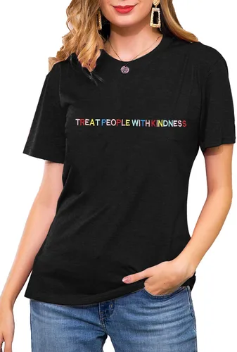 Vista 2 de ALLTB Treat People with Kindness - Camisa de mujer con bordado inspirador gráfico para profesoras, camisetas casuales de manga corta positivas