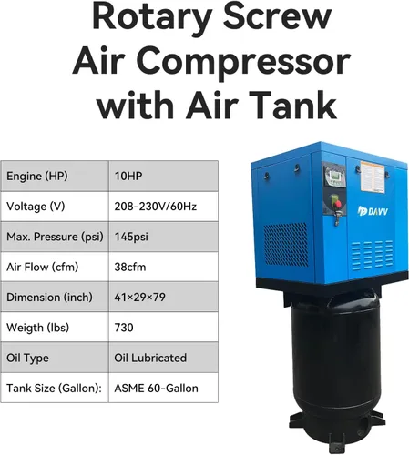 Vista 2 de Compresor de aire de tornillo rotatorio con tanque vertical 10HP 230V 3-Ph Davv-lgjgp007tu2