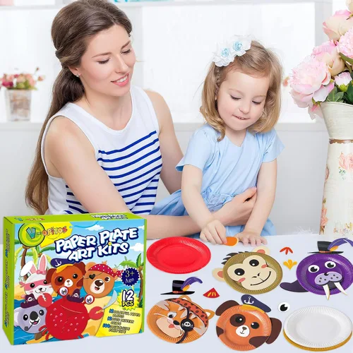 Vista 2 de V-Opitos Kits de artes y manualidades para niños, paquete de 12 manualidades de platos de papel, manualidades simples de animales para niños