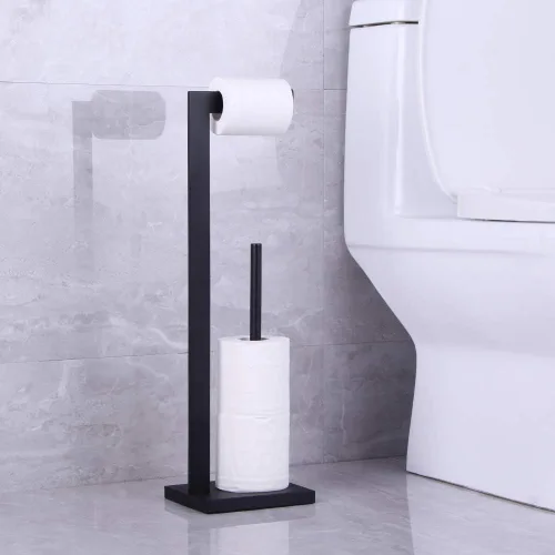 Vista 7 de Soporte para papel higiénico negro mate, soporte para rollo de papel higiénico con reserva de estante, organización portátil de almacenamiento