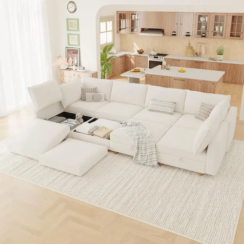 Vista 14 de 95.5" Sofá seccional modular de chenilla con almacenamiento oculto, sofá cama convertible en forma de L y U, sofá seccional moderno de 6 plazas