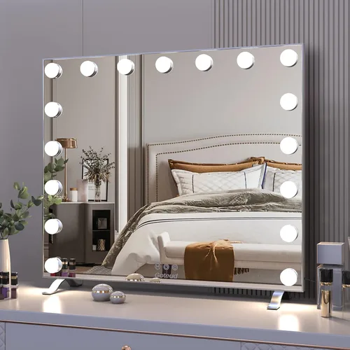 Vista 5 de Espejo de tocador con luces LED, 17 bombillas LED regulables, espejo de maquillaje con control táctil, montaje en mesa o pared, marco de aluminio