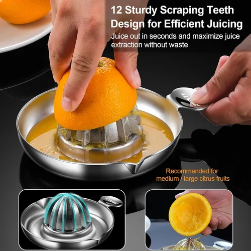 Vista 3 de Exprimidor de limón de acero inoxidable, exprimidor manual de cítricos ultra resistente Premium Orange Lime Fruit Squeezer Set, Robust Reamer