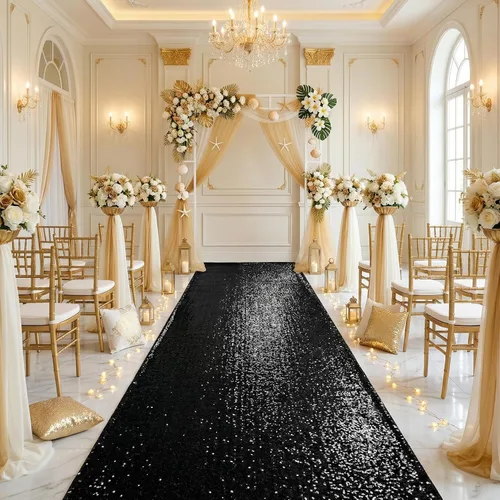 Vista 11 de Alfombra de pasillo de 2 x 15 pies para fiesta, alfombra de lentejuelas negras para decoración de baile de graduación, banquete brillante