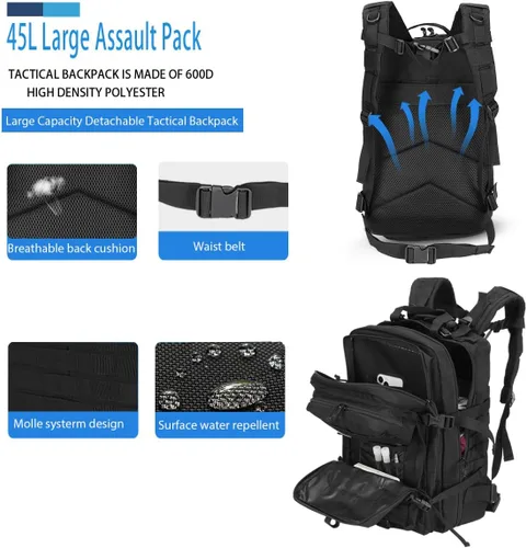 Vista 3 de Phoking Mochila táctica militar 45L Lage Molle mochila de 3 días paquete de asalto mochila camping senderismo mochila Bug Out bolsa mochila