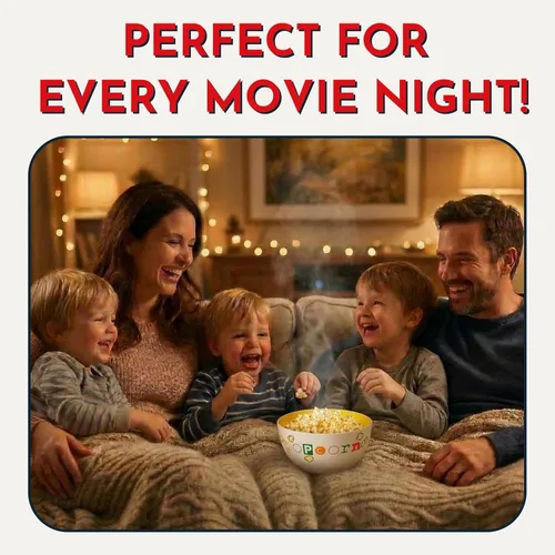 Vista 2 de Popcorn Fun Time Bowl – Tazón de plástico para palomitas de maíz de 6 cuartos con impresión colorida – Plato de aperitivos de noche de cine