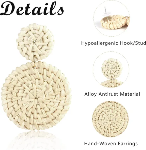 Vista 3 de Hazms 2-9 Pairs Rattan Earrings Tassel Earrings for Women Girls Lightweight Acrylic Geometric Statement Woven Bohemian Earrings Handmade Straw