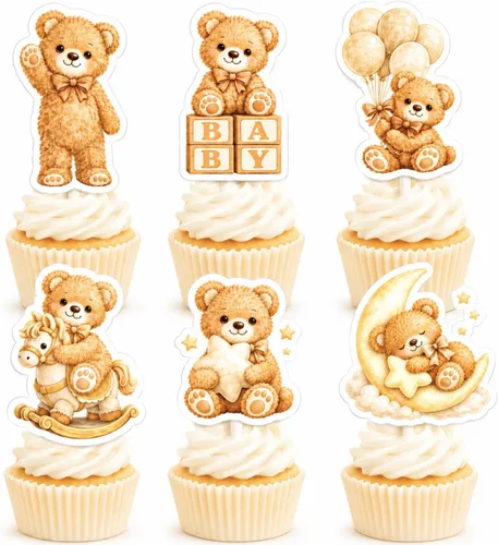 Vista 11 de ALISSAR We Can Bearly Wait - Decoraciones para baby shower, 36 adornos para cupcakes de oso azul