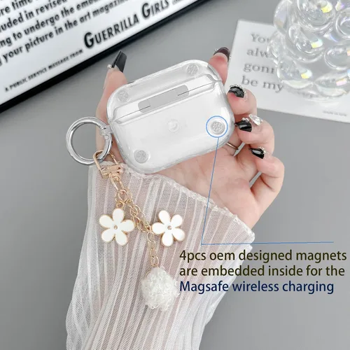 Vista 4 de Bonita funda Magsafe para Airpods Pro 2, clip de bloqueo para niñas y mujeres, con dijes de flores y kit de limpieza, TPU suave, Airpods iPod Pro