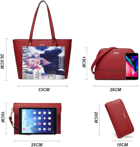 Vista 4 de Juego de 4 bolsas de cuero sintético para mujer, bolsa de hombro, asa superior, cartera