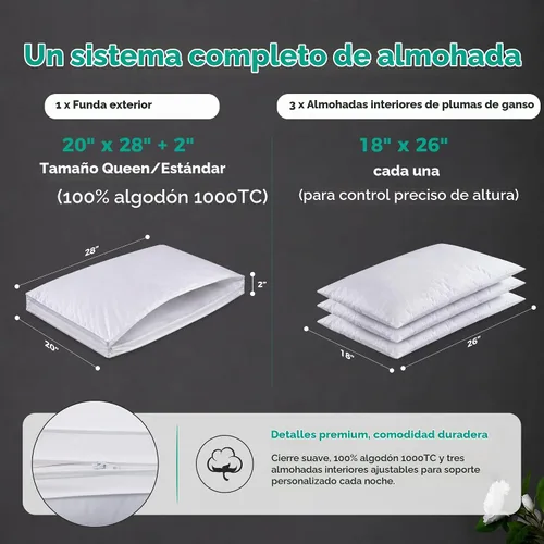 Vista 5 de Three Geese Almohada de plumas de ganso de capa ajustable, almohada de cama ensamblable, funda 100% algodón orgánico suave, buena para dormir boca