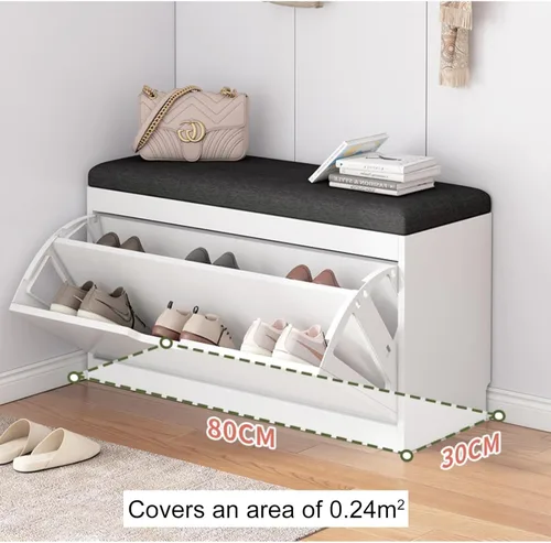Vista 2 de Banco de zapatos, banco con almacenamiento de zapatos, banco de entrada superior con cojín extraíble, zapatero de madera con cajón de almacenamiento