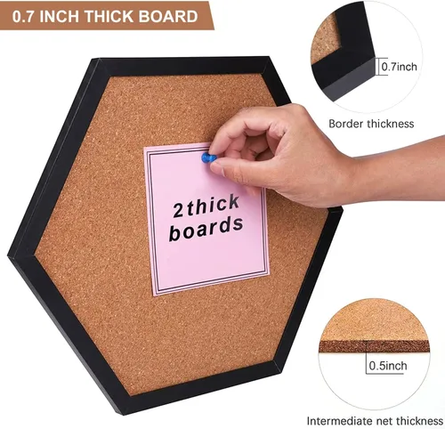 Vista 3 de Tablón de anuncios de corcho para paredes, tablero hexagonal de 1/2 pulgada de grosor para paredes con marco, corchete pequeño negro con 10 pines