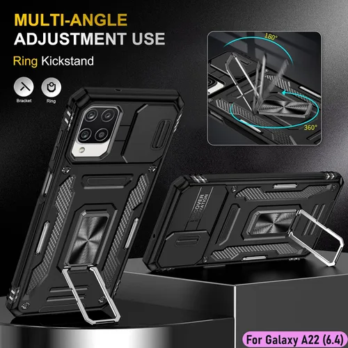 Vista 5 de Funda resistente para Samsung Galaxy A22 (4G), protector híbrido de goma de doble capa de grado militar con protector de cámara deslizante, soporte