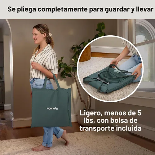 Vista 6 de Ingenuity Stow & Go - Portabebés plegable compacto, asiento portátil ligero con vibración, verde, menos de 5 libras