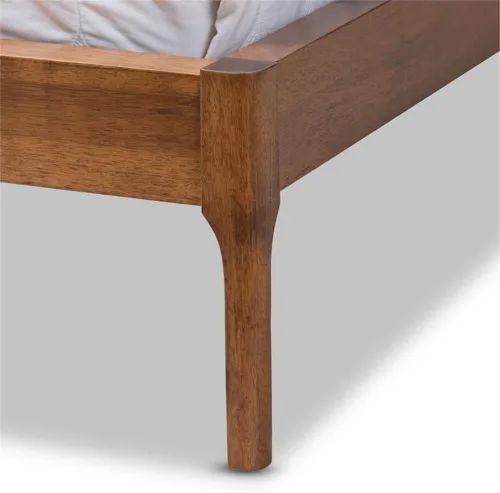 Vista 8 de Baxton Studio Aveneil Mid-Century - Cama tapizada de tela beige con acabado de nogal tamaño matrimonial