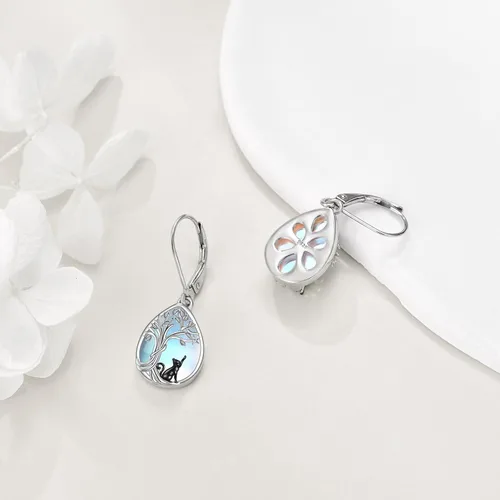 Vista 5 de Aretes de aro de plata de ley 925 con piedra de luna y piedra de luna y ópalo de lágrima y ópalo larimar, turquesa, ónix negro, ónix rosa, cuarzo