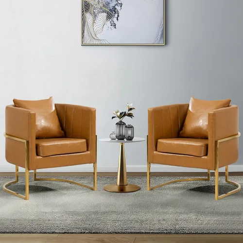 Vista 33 de Silla moderna de cuero, sillón tapizado de mediados de siglo con almohada para sala de estar, cómoda silla de tocador individual con patas doradas