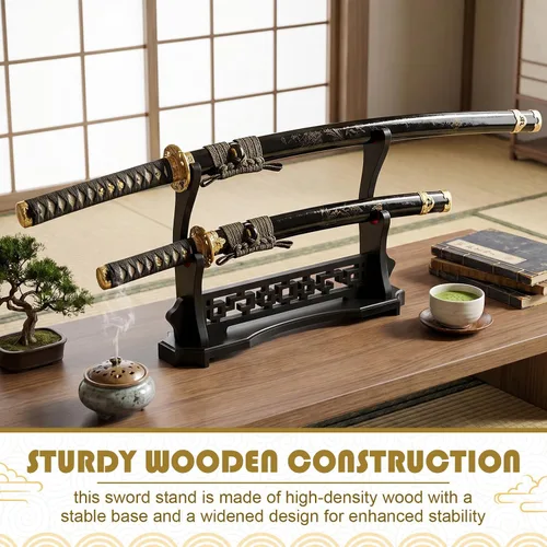 Vista 5 de Barydat Soporte de espada Katana de 2 niveles con diseño recortado, base pesada de madera Samurai soporte con almohadillas de terciopelo, soporte