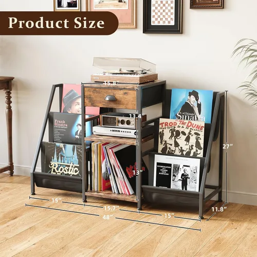Vista 2 de Soporte para tocadiscos con cajón, mesa para tocadiscos con almacenamiento de discos de vinilo de hasta 280 álbumes, soporte giratorio con estante