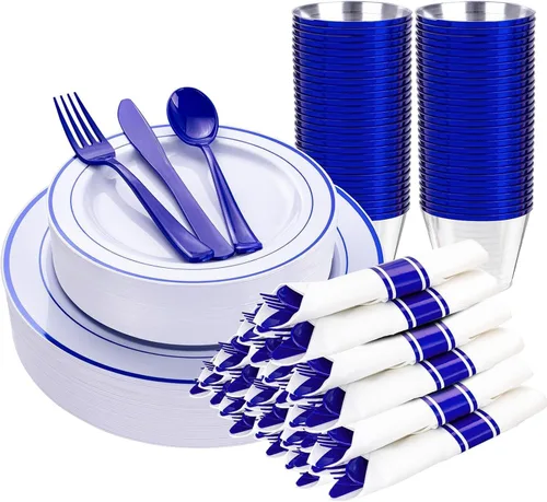 Vista 12 de WELLIFE 210 vajilla de plástico negro con servilletas preenrolladas, incluye: 30 platos llanos, 30 platos de postre, 30 servilletas de papel, 30