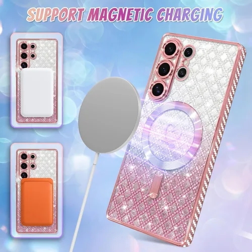 Vista 648 de Bonoma - Funda compatible con Samsung Galaxy S21 Plus, diseño de corazón con purpurina, color rosa Support for MagSafe, Plating Magnetic Case TPU
