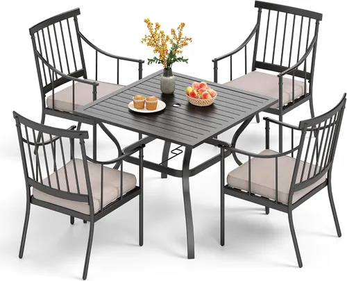 Vista 15 de PHI VILLA Juego de mesa de comedor para patio de 7 piezas con cojín para 6, mesa grande rectangular de metal para exteriores con orificio para Silla