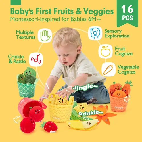 Vista 2 de Hahaland Juguetes sensoriales para bebés - 16 piezas Mi primera fruta Verdura Clasificación de color de alimentos de juego crujiente, sonajero