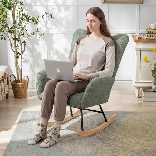 Vista 2 de Mecedora de cuarto de bebé con asiento deslizante tapizado en estilo oso de peluche, con respaldo alto, sillón acento con cómodo bolsillo lateral