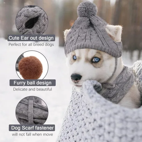 Vista 3 de Kuoser Juego de gorro y bufanda de invierno para perros, gorro tejido para mascotas, gorro cálido de Navidad, accesorios bonitos, bufanda