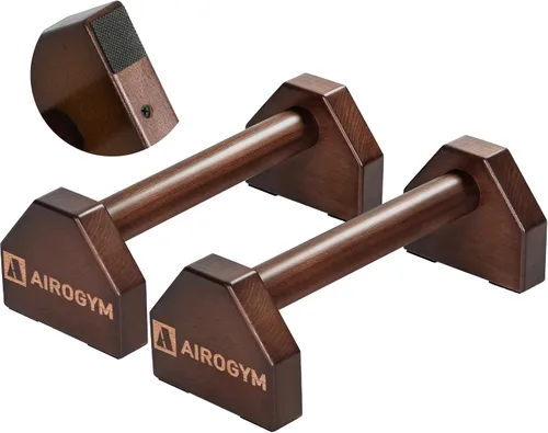 Vista 10 de Soporte de flexión, 2 barras de madera para flexiones, base antideslizante, equipo de entrenamiento en casa, 11.8 pulgadas, mango de paraletas