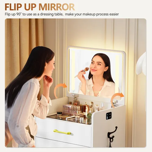 Vista 3 de Escritorio de tocador 3 en 1 con espejo abatible y luces, mesa de tocador de maquillaje con parte superior de vidrio con estación de carga, tocador