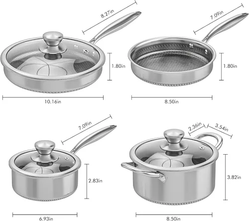 Vista 2 de AuFranc Juego de ollas y sartenes híbridas de acero inoxidable antiadherentes, juego de utensilios de cocina de inducción con tapas de vidrio