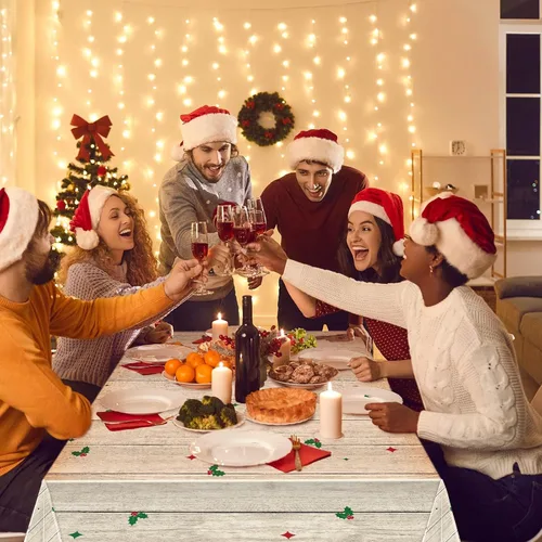 Vista 6 de WovWeave Mantel de Navidad de 3 piezas, mantel de Navidad con texto en inglés "Merry Christmas", mantel rectangular de plástico con diseño de Jesús